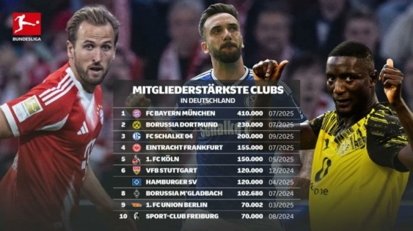 Danh sách thành viên đã đăng ký Câu lạc bộ Đức: Bayern xếp hạng đầu tiên với 410.000, Dortmund và Sc